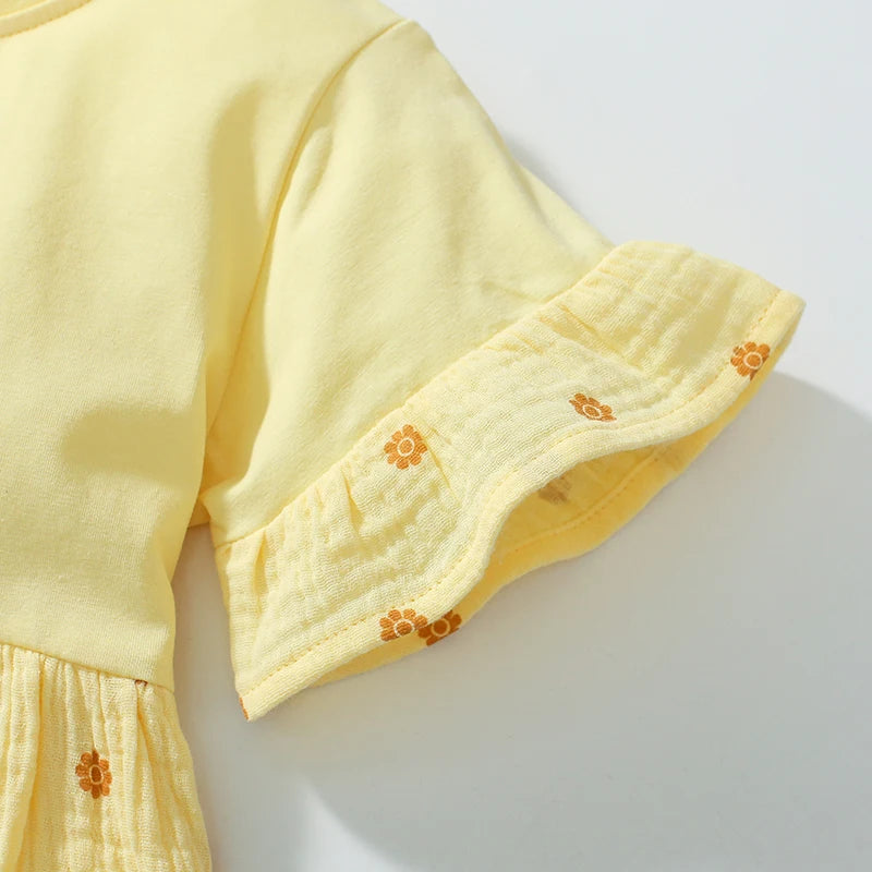 Little maven 2024 New Tracksuit Summer Yellow Cotton Baby Girls Children's Clothing Sets Cartoon Flowers Tops+Pants Kids Clothes