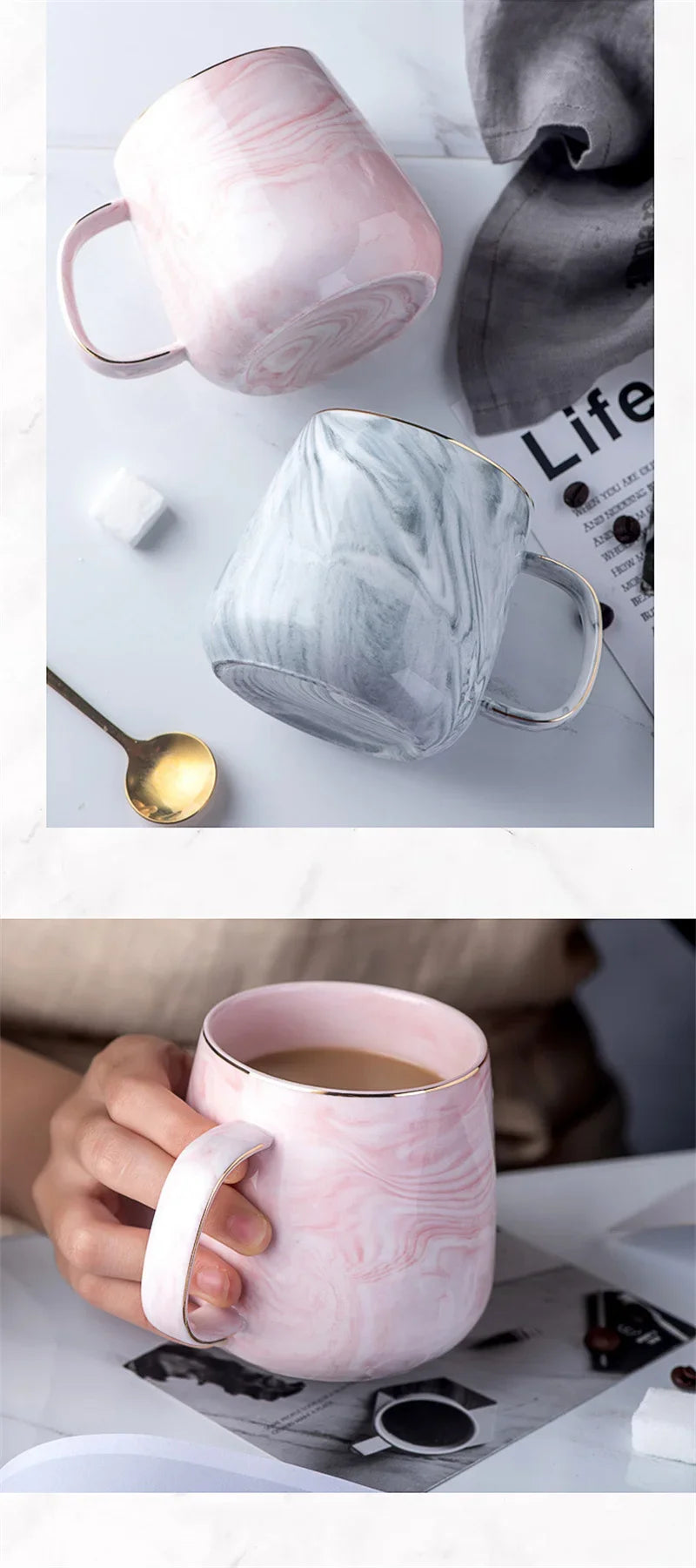 Nordic Ins Style Ceramic Mug Marbled Gold Rim Coffee Cup Oatmeal Breakfast Cup Valentine's Day present Couple water cups