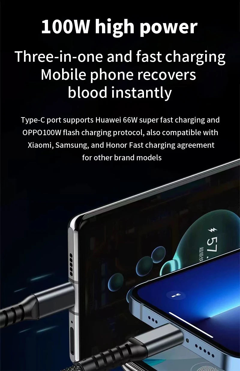 3 In 1 100W LED Digital Display USB cable Type C Usb Micro For Iphone Samsung Huawei Xiaomi Multi Port Multiple Charging Wire