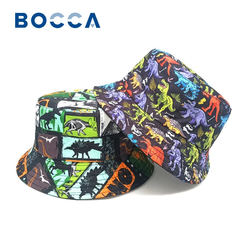 Bocca Cartoon Dinosaur Bucket Hat Children Boys Kids Fisherman Hats Pattern Double Sides Panama Cap Summer Outdoor Sunscreen Cap