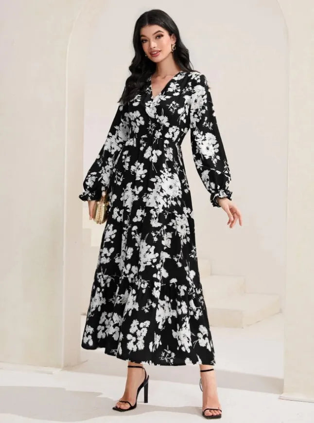 Autumn Women's New Sexy V-neck Fashionable Printed Cake Long Sleeves Medium To Long Length Casual Comfortable Dress For Women