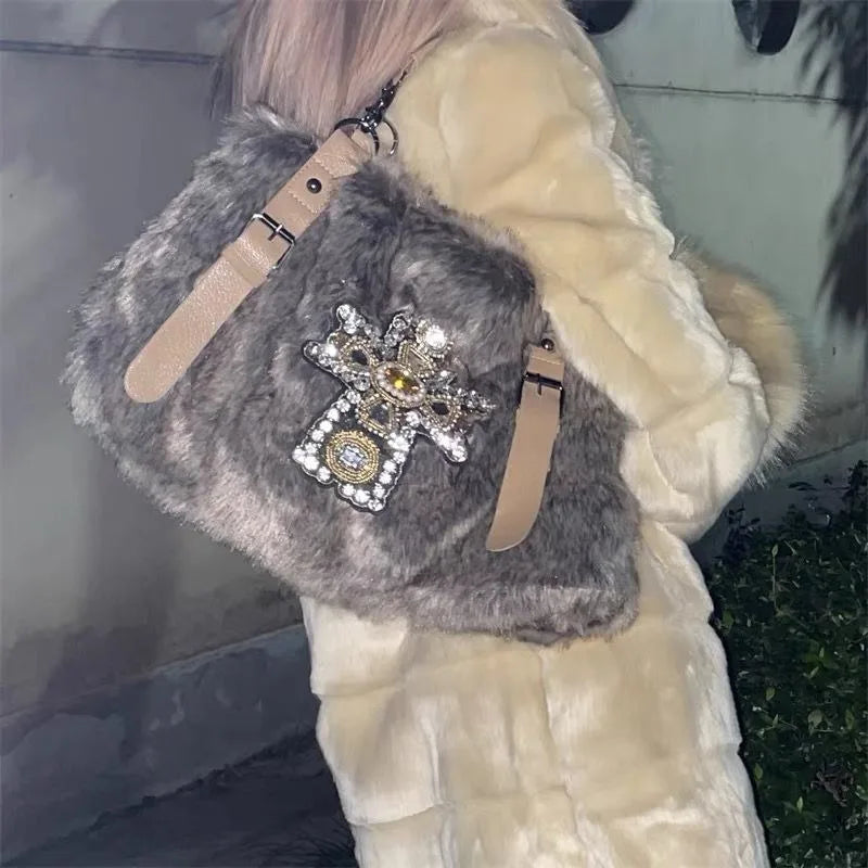 MBTI Y2k Womens Shoulder Bag Autumn and Winter Fashion Crucifixion Vintage Tote Bag Harajuku Rhinestone Large Capacity Handbag