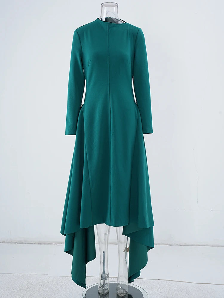 DEAT Elegant Dress Skew Collar Long Sleeves Waist Retraction Solid Color Asymmetric Hem Women's Dresses 2024 Autumn New 13DL7990