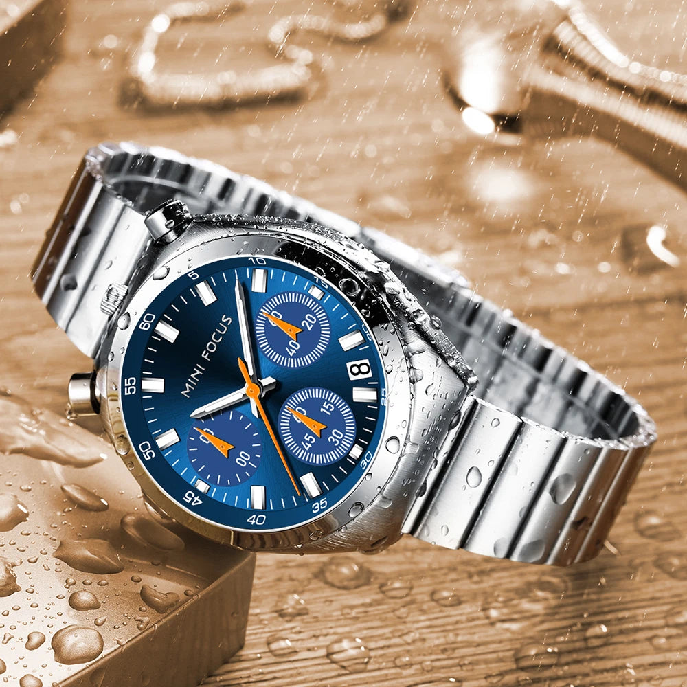 MINI FOCUS Elegant Multifunctional Watch for Women Fashion Waterproof Quartz Ladies Watches Steel Band Bull Head Wristwatch Gift