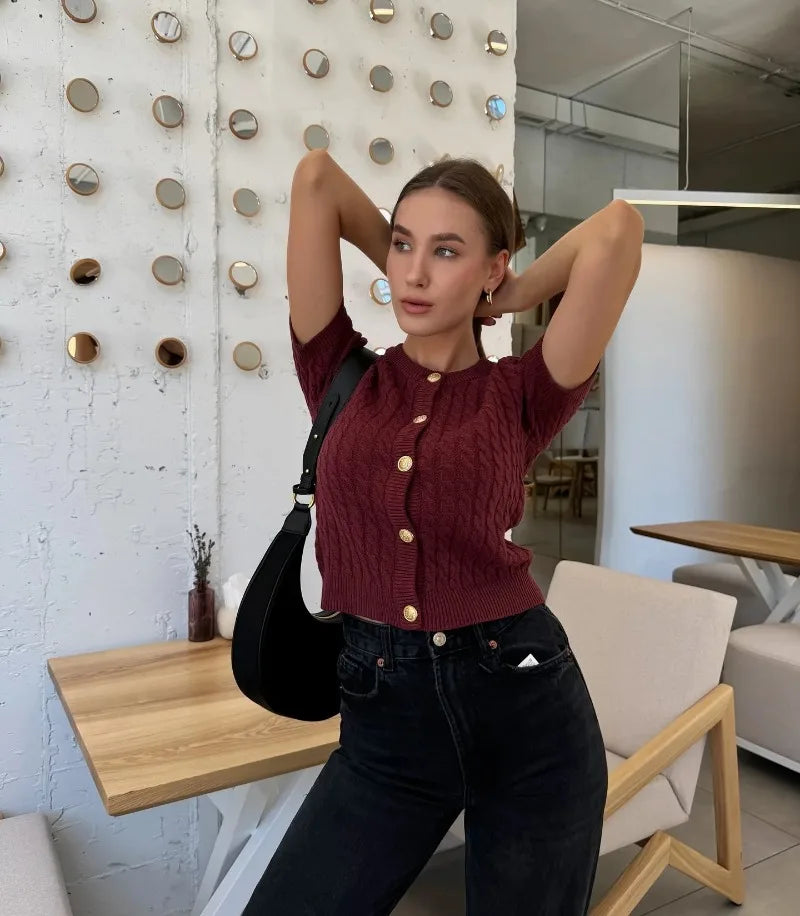 Trendix Women Winter Knit Cardigan Winter Street Fashion Patchwork Ribbed Short Sleeve Sweater Autumn Commute Knitwear Crop Top