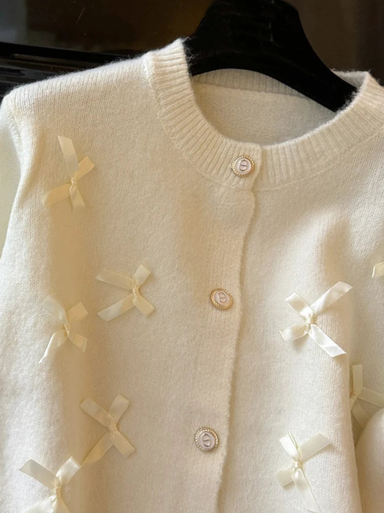 MSCSZ 2024 Autumn Grey Knitted Cardigan Sweater With Bows O-Neck Single Breasted Elegant Women Jackets Knit Cropped Coat