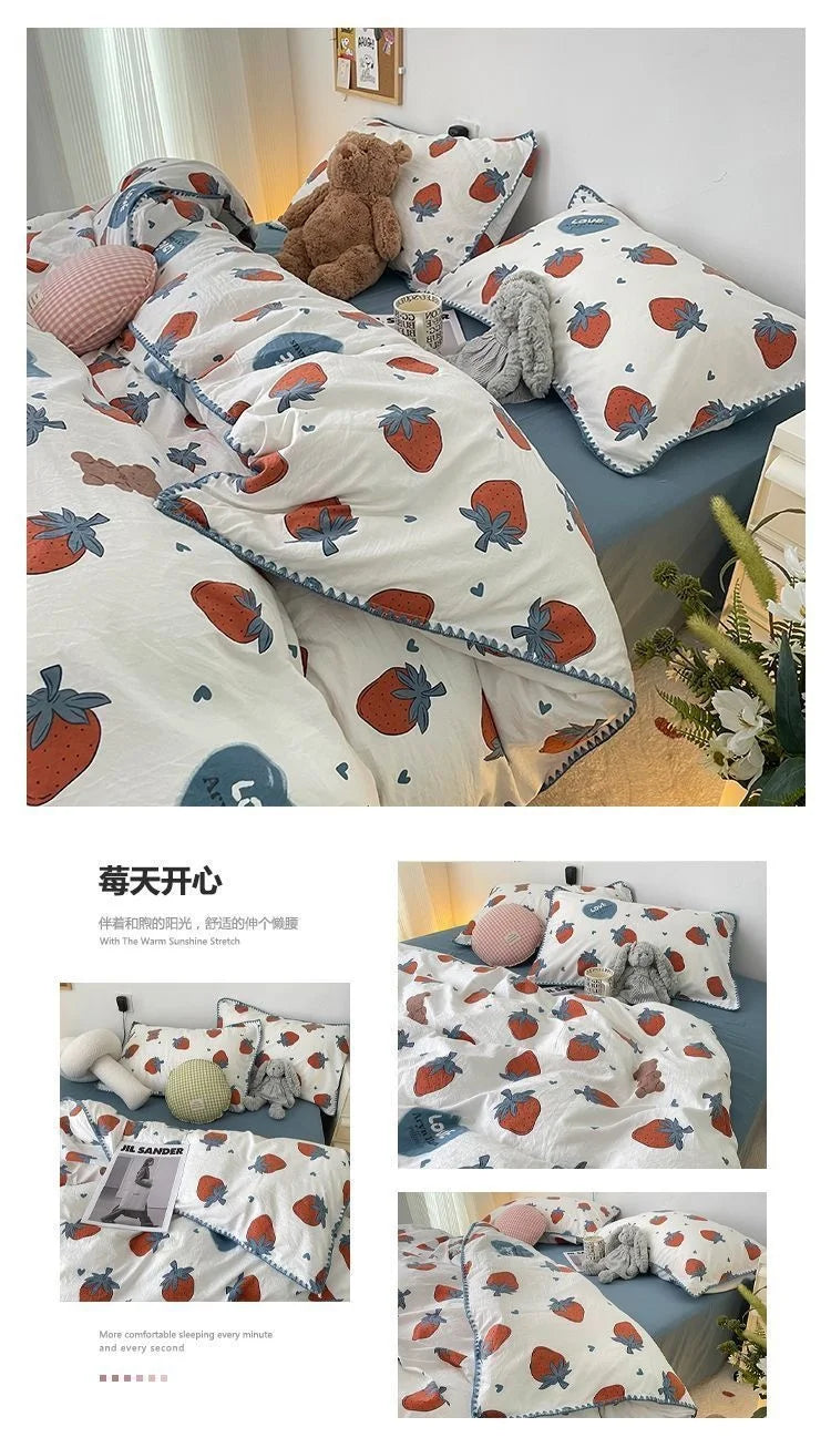 Bedding Set INS Girls Cherry Soft Washed Cotton Bed Sheet Queen King Size Duvet Set Comforter Set Pillowcase Bed Linens