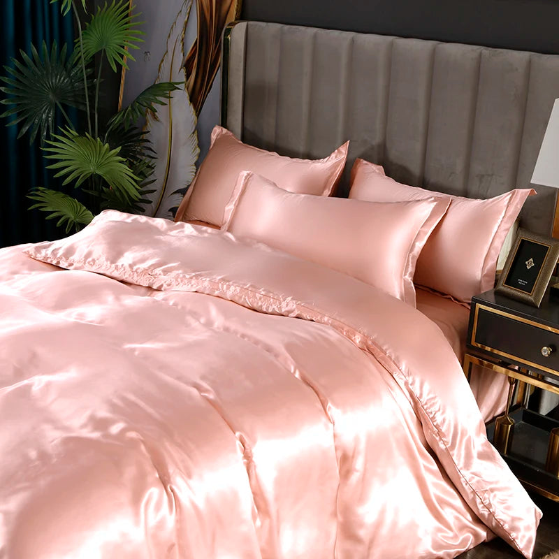 Silk Bedding Set with Duvet Cover Pink Bed Sheet Set with PillowCase 100% Pure Silk Bed Linen Set King Queen Full Twin Size