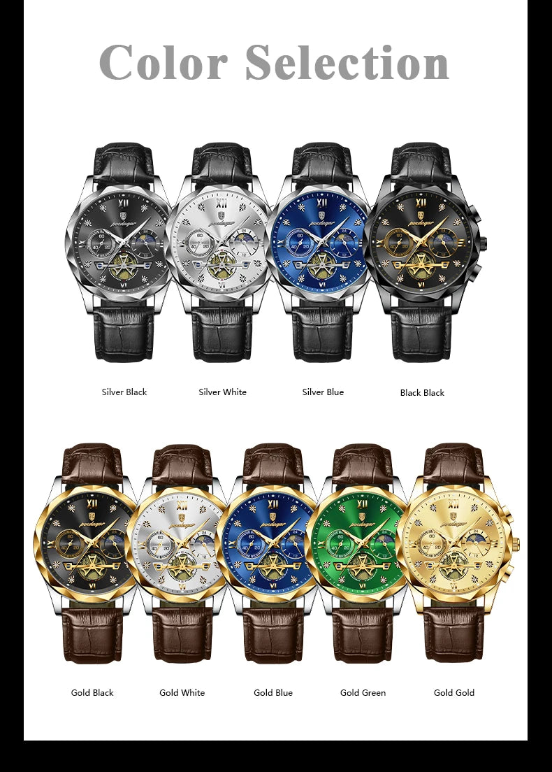 POEDAGAR Luxury Watch for Man Sports Leather Men Quartz Watch Waterproof Luminous Chronograph Men's Watches Male Clock Reloj+box