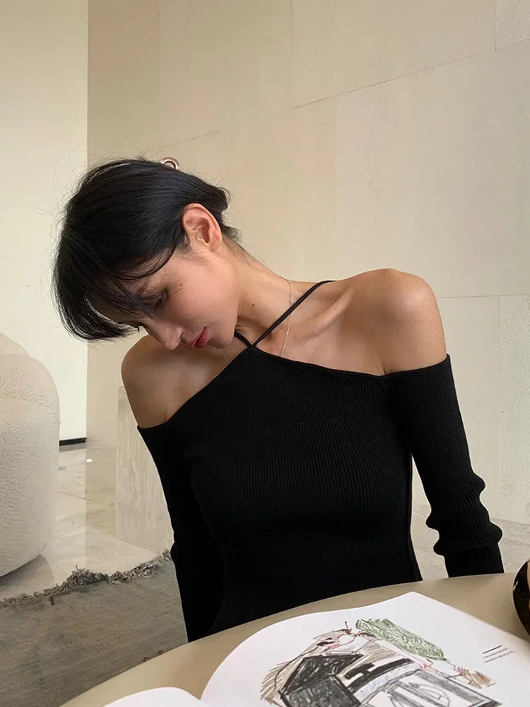 Women Crop Sweater Sexy Off Shoulder Slim Knitted Sweaters Long Sleeve Halter Knit Top Y2k Fashion Pullover Korean Streetwear
