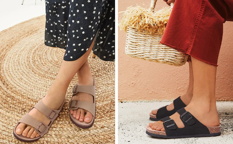 Kidmi Women Cork Suede Mules Slippers Outdoor Antiskid Beach Slippers Classic Cork Footbed Women Sandals With Adjustable Buckle