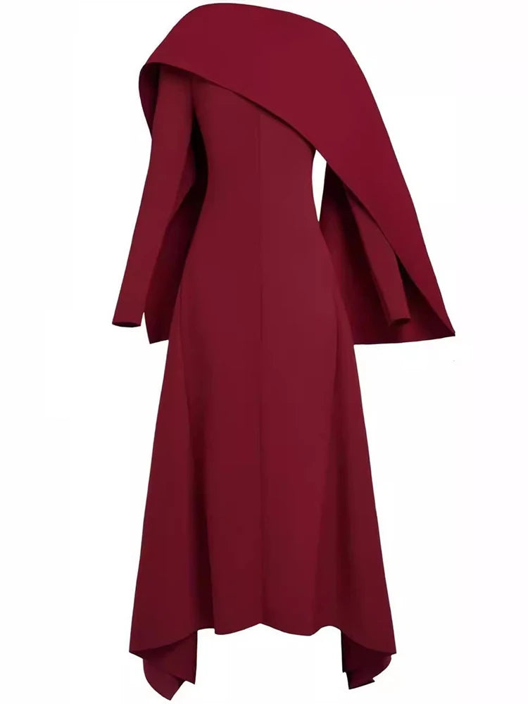 DEAT Elegant Dress Irregular Design Shawl Patchwork Long Sleeve Waist Backless Women's Evening Dresses 2024 Autumn New 13DL245