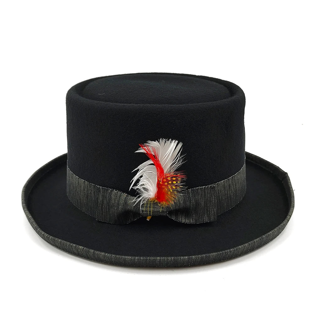 New Men Hat 100% Wool Fedora Hat Unisex Top Show Gentleman Bowler Hat Black Red Magic Hat Presidential Hat Feather Accessories