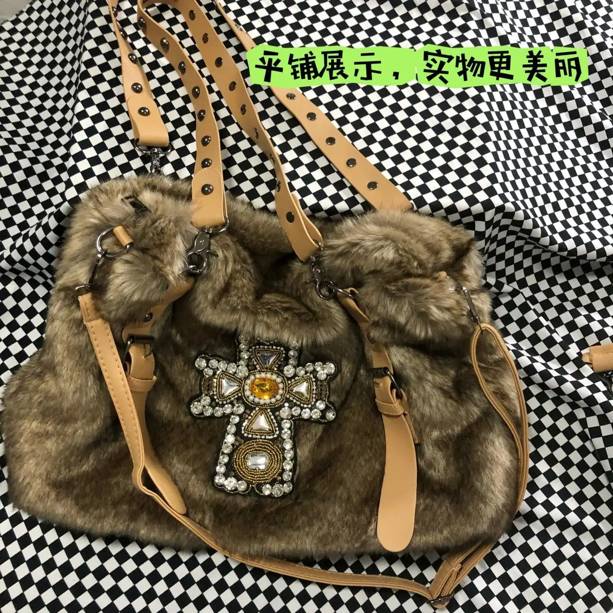 MBTI Y2k Womens Shoulder Bag Autumn and Winter Fashion Crucifixion Vintage Tote Bag Harajuku Rhinestone Large Capacity Handbag