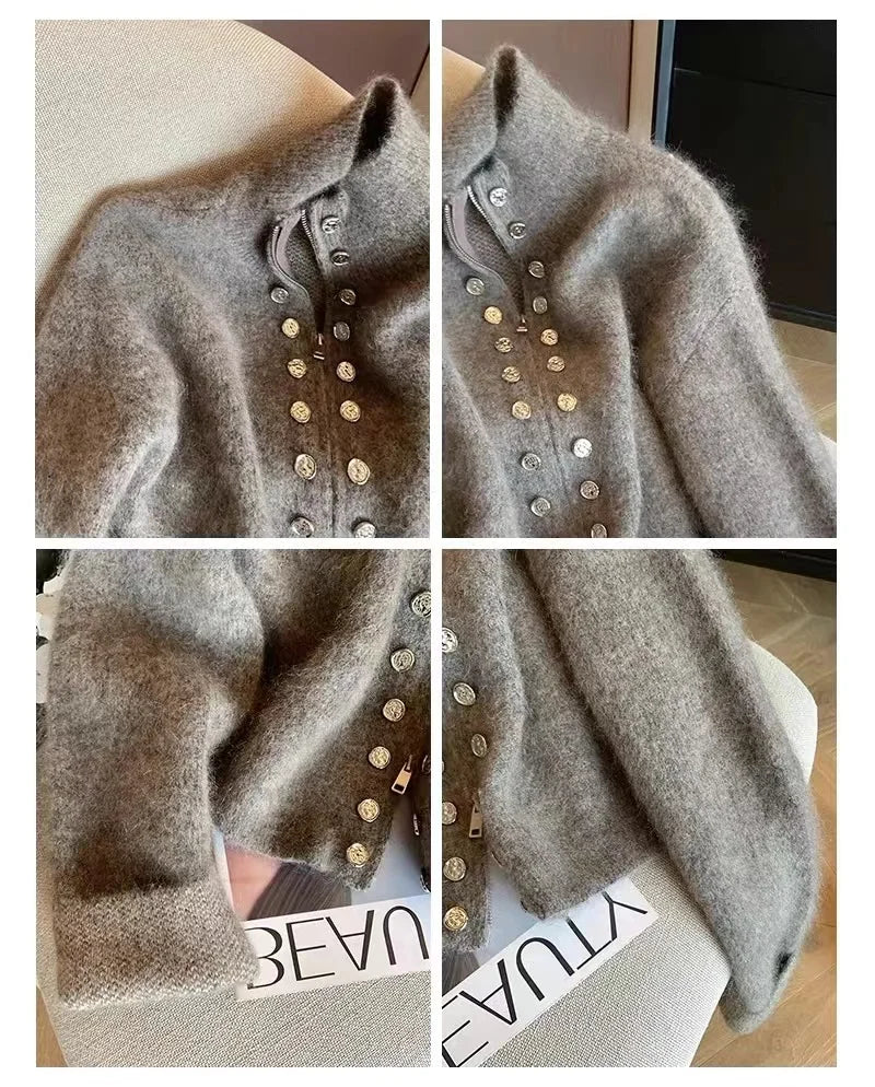 Women's Grey Cardigan Sweater Harajuku Korean Y2k Long Sleeves O-Neck Cashmere Sweaters Jumper Vintage 2000s Clothes Autumn 2024