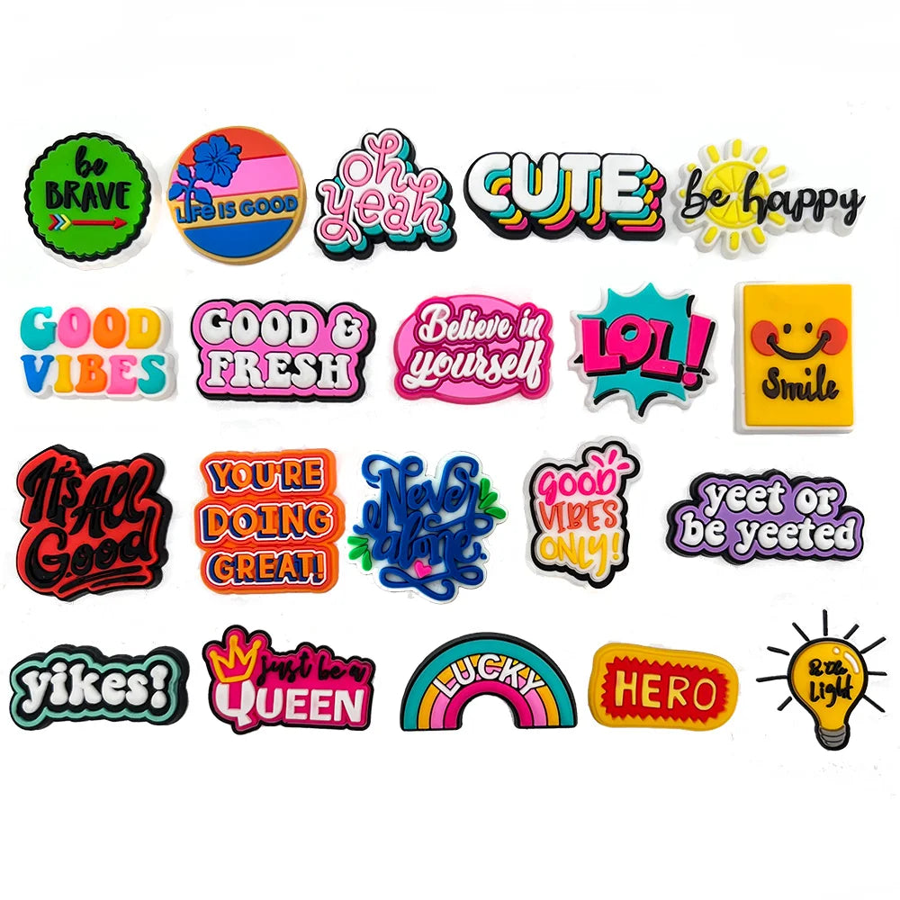 1Pcs Funny Phrase Letters PVC Shoe Accessories Good Vibes Sandals Decorations For Shoe Charms Clogs Buckle Unisex Gifts