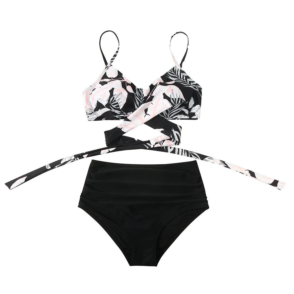 High Waist Sexy Bikini Set 2024 Biquini Swimwear Women Two Pieces Swimsuit Floral Beachwear V-Neck Bathing Suits Female