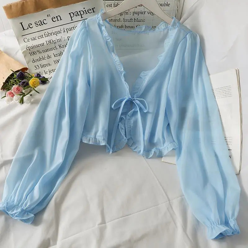 Long Sleeve Thin Breathable T-shirts Women Lace Bow Cardigan Blouse Clothing Ruffles Sun-protection Outwear Blouse For Covers