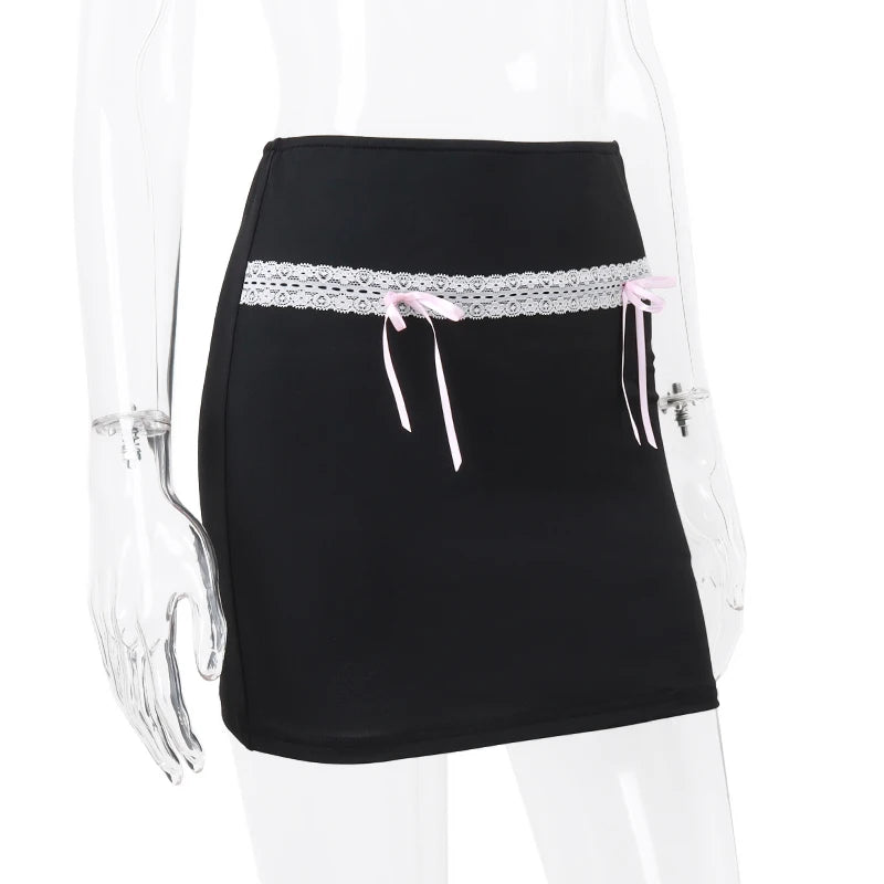 Candyhot Y2K Bow Lace Up High-waist Hip Skirts Chic Lace Stitch Black Skirt Summer Streetwear Vacation Bodycon Short Dresses