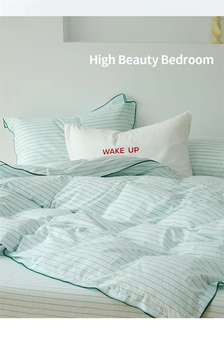 Mint Manbo Rolled Edge Washed Cotton Bed Four Piece Set, Duvet Cover, High-end Bed Sheet, Student Bed, Dormitory Three Piece Set