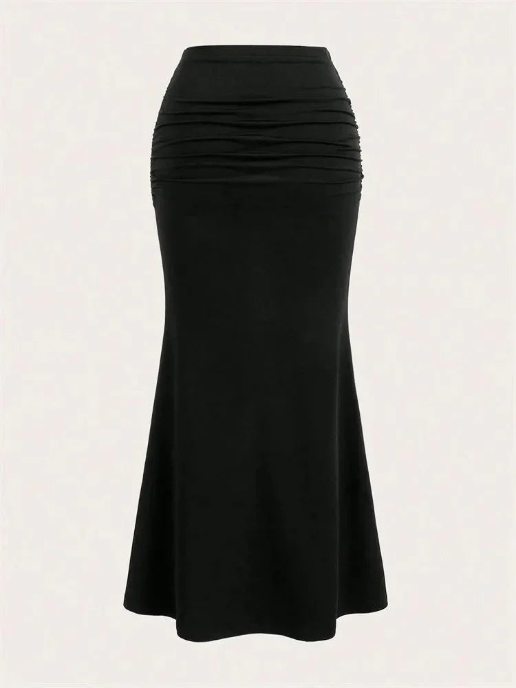 Solid Bodycon Ruched Long Skirt Women Sexy Black Elastic Elegant High Waist Mermaid Maxi Skirts Summer Streetwear 2024