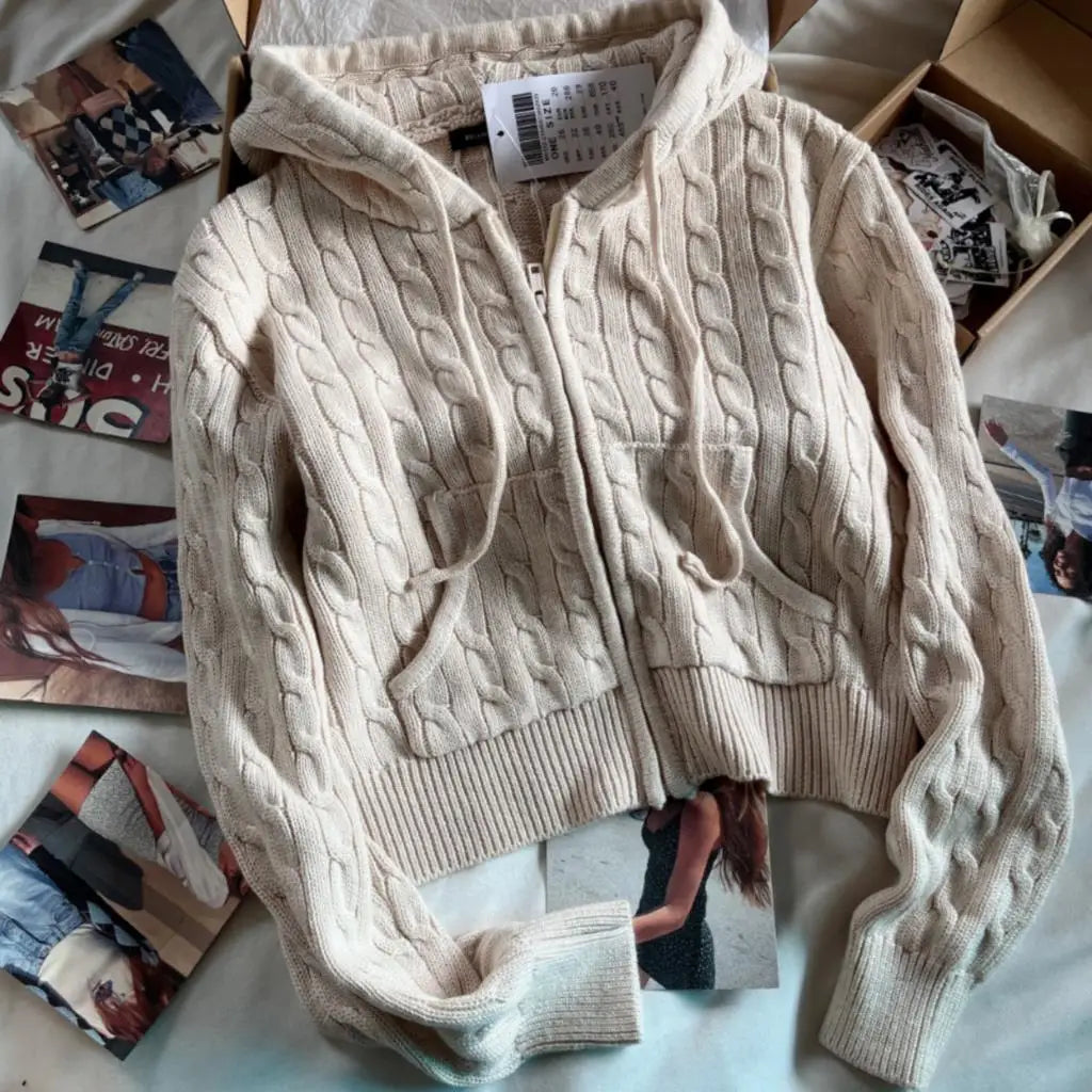 Twisted Flower Knitted Cardigan Sweater Women Autumn Long Sleeve Hooded Zipper Short Coat Streetwear Fashion Sweaters Y2K Tops