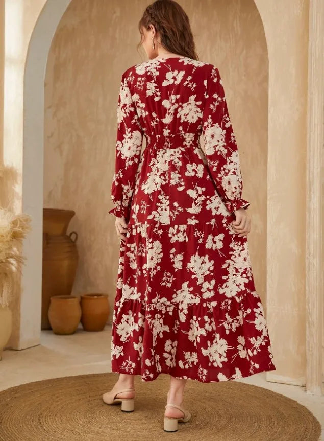 Autumn Women's New Sexy V-neck Fashionable Printed Cake Long Sleeves Medium To Long Length Casual Comfortable Dress For Women