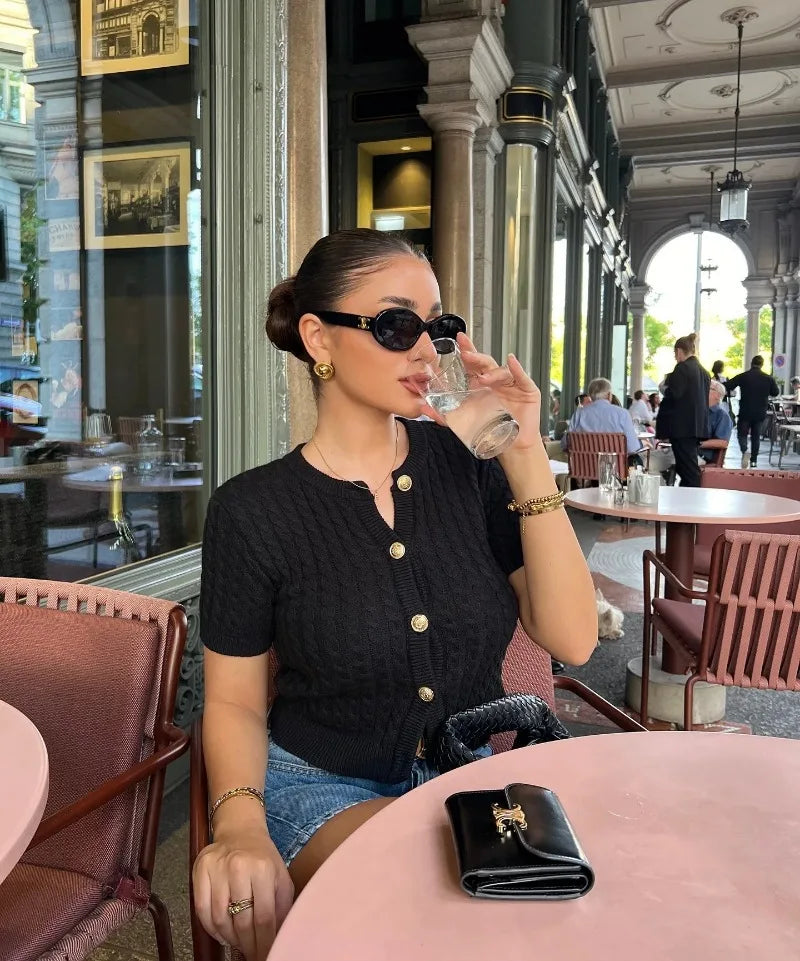 Trendix Women Winter Knit Cardigan Winter Street Fashion Patchwork Ribbed Short Sleeve Sweater Autumn Commute Knitwear Crop Top