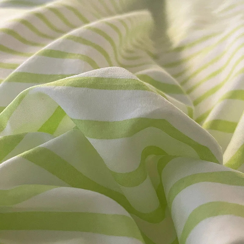 Korean Style Bedding Set Green Strip Black Cat Embroidery Washed Cotton Duvet Cover Cute Cardboard Bed linen Comforter Sets