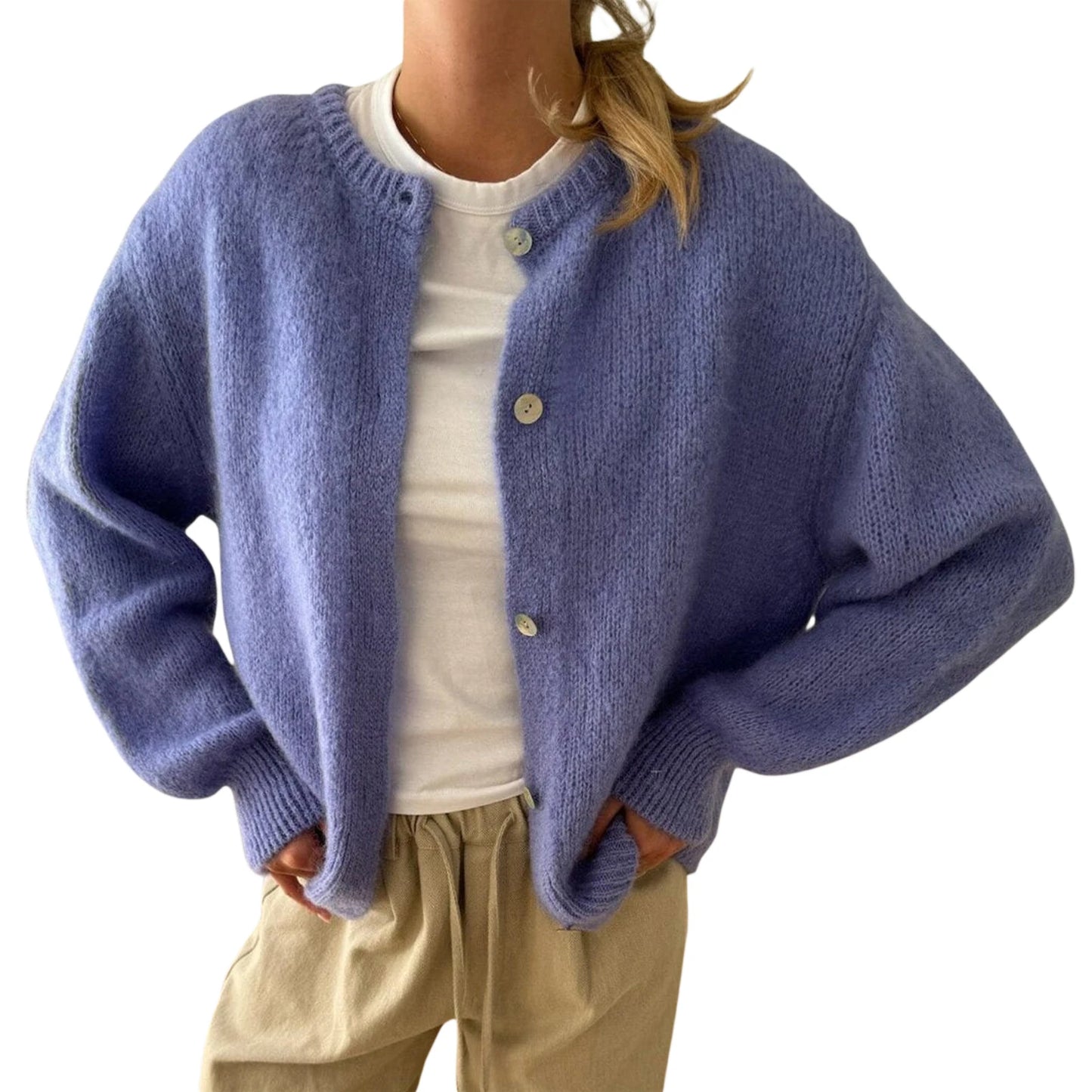 Combhasaki Women's Y2K Chic Solid Color Fuzzy Loose Cardigan Long Sleeve Button Down Round Neck Sweater Soft Knit Tops Outerwear