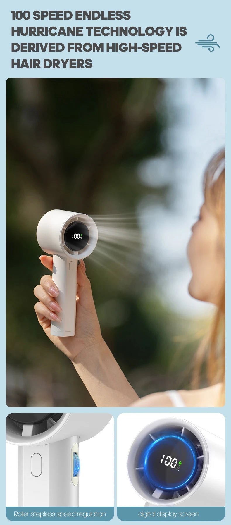 Mini High Speed Turbo Handheld Fan 100 Wind Speeds Adjustable with Digital Display 3000mAh Battery Operated Electric Eyelash Fan