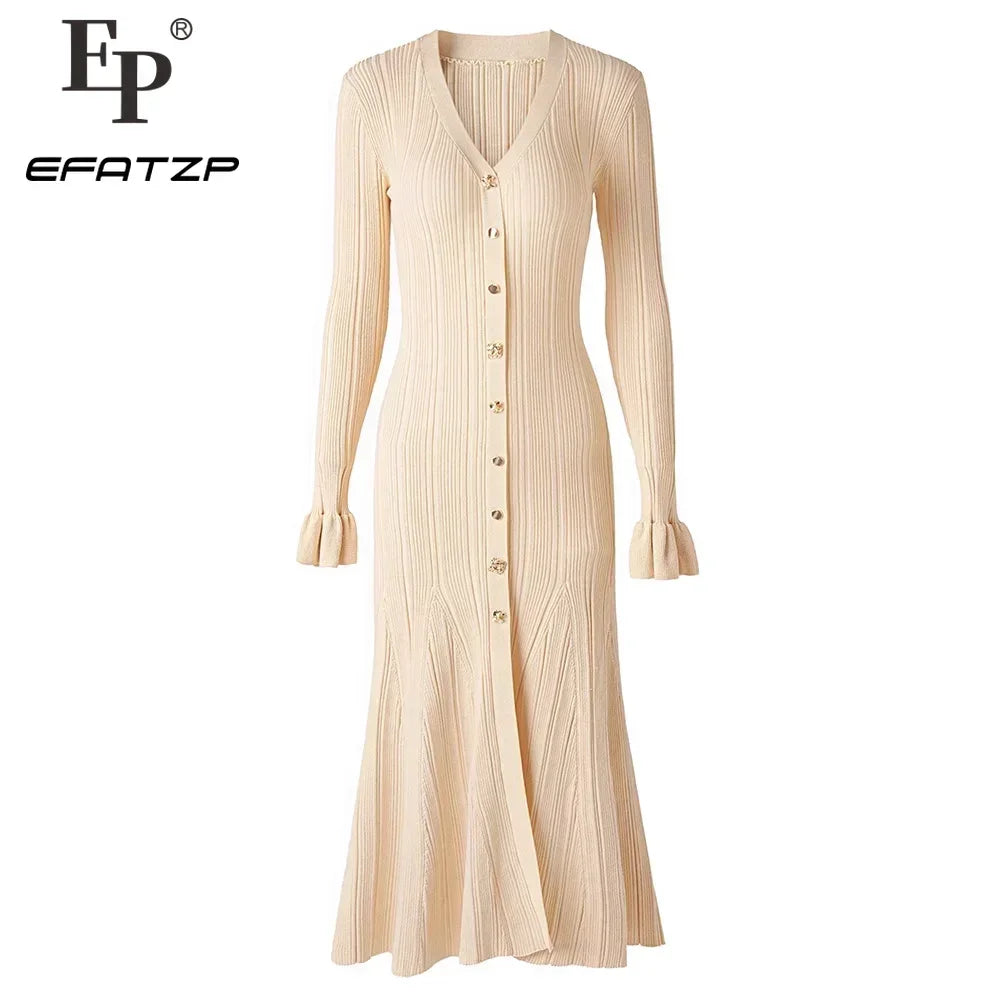 Knitted Mid-Length Dress 2024 New Women Long Sleeve Ribbed Party Dresses Elegant Lady Knitwear 5240175