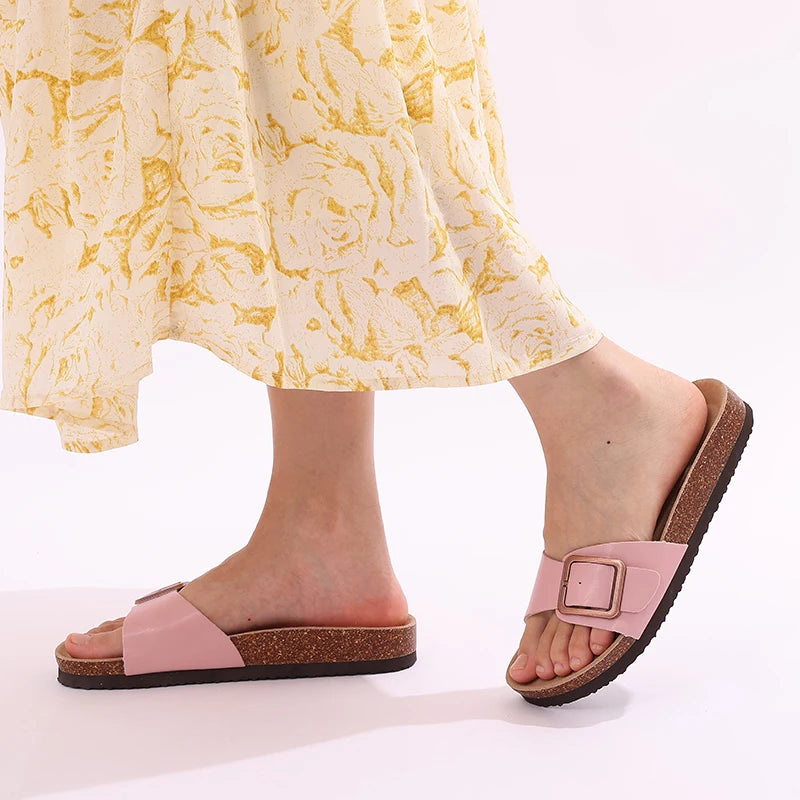 Kidmi Women Cork Suede Mules Slippers Outdoor Antiskid Beach Slippers Classic Cork Footbed Women Sandals With Adjustable Buckle