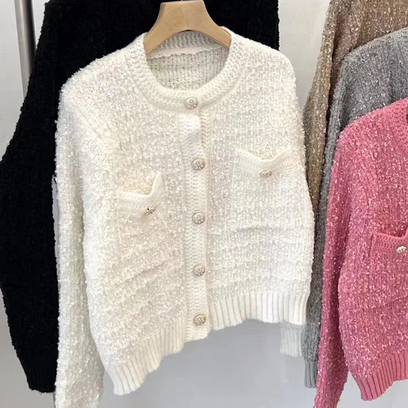 Korean Style Pink Round Neck Cropped Cardigans for Women Chic Button Long Sleeve Knitted Coats Woman Pocket Bling Short Cardigan