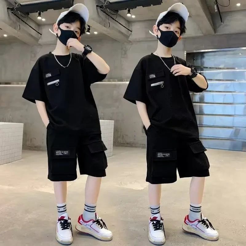 T-Shirt+Shorts 2-Piece Set Summer Kids Boys Letter Printing New Children Teen Loose Comfortable Sports Casual Clothes For 4-14 Y