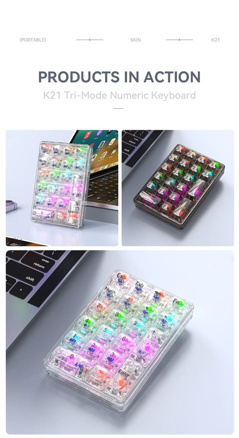 K21 21-Key Mechanical Keyboard, BT/2.4Ghz/USB-C Connection, Colourful Lighting, Full Key Hot-Swap for PC Laptops