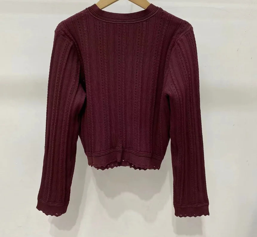 2024 Early Autumn Women's Hollow Lace Trim Knitted Cardigan Top Long Sleeve Single Breasted Ladies Short Sweater Coat 5240199