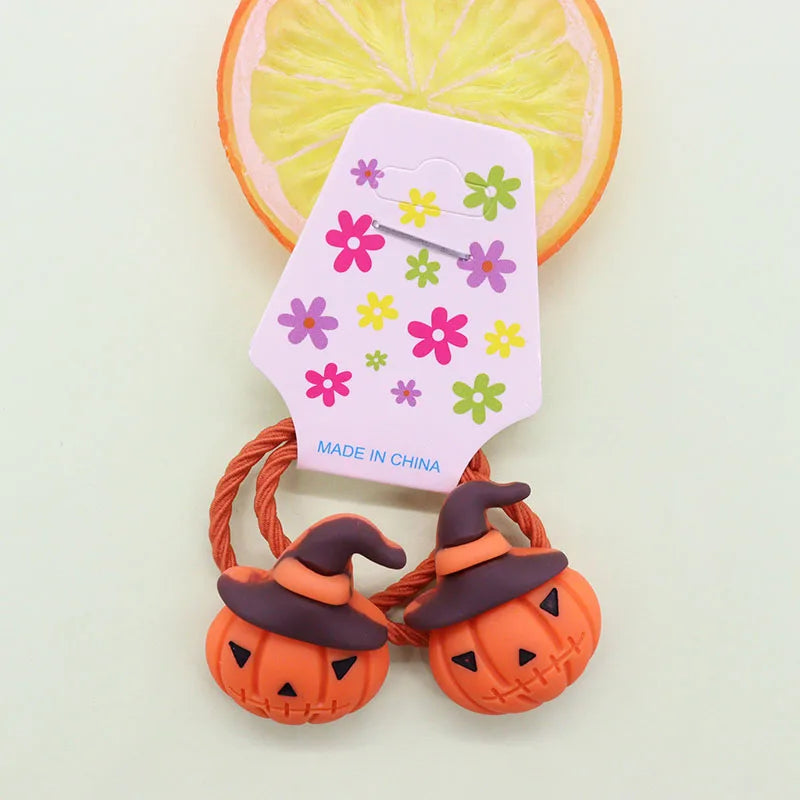 2Pcs Halloween Hair Accessories Pumpkin Bat Children's Rubber Band Elastic Hair Band Girls' Headwear Accessories Decorations