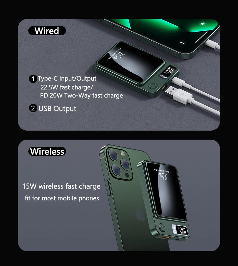 100000mAh Wireless Magnetic Power Bank Super Fast Charging Ultra High Capacity Digital External Battery Power Bank For Iphone 15