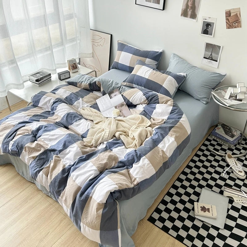 Bed Linen Washed Cotton Striped Grid Minimalist Bedding Sheet Set Comforter Sets Queen Duvet Cover Double For Boys And Girls