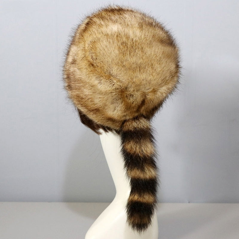 Plush Russian Style Flat Top Hat Winter Mongolian Hat Thicken Plush Raccoon Tail Hat for Adult Teens Keep Warm Hat Wholesale