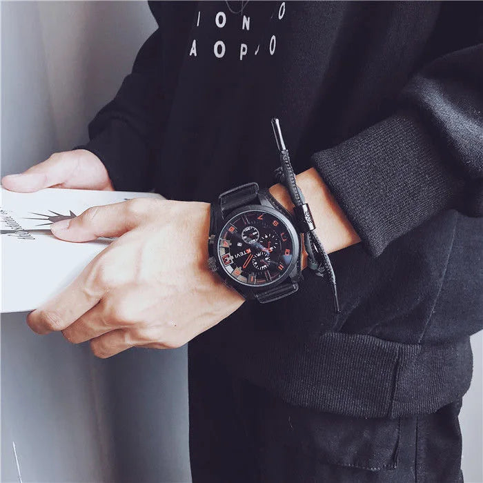 YIKAZE Luxury Business Men Quartz Watch Classic Retro Men's Watches Big Dial Leather Strap Date Military Wristwatch for Man