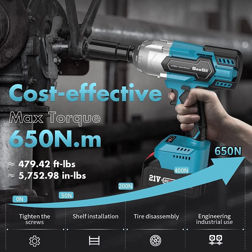 SEESII Cordless Impact Wrench 650N.m Torque Brushless Electric Wrench Power Tools with Sockets Screws Drill for Car Home WH700