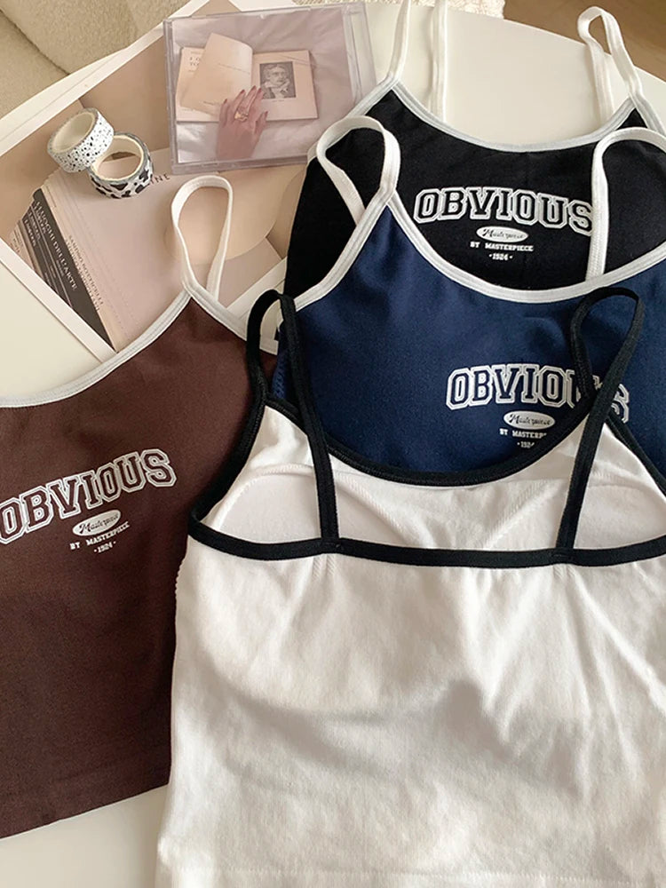 ITOOLIN Women Crop Tops With Padded Bra O-neck Letter Printing Solid Crop Tops Summer Tops Spaghetti Camisole 2023