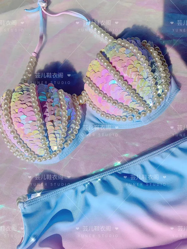 New Thailand Shell Sequin Bikini Corset Mermaid Show Spa Vacation Split Swimsuit Gathered Sexy Corset Set