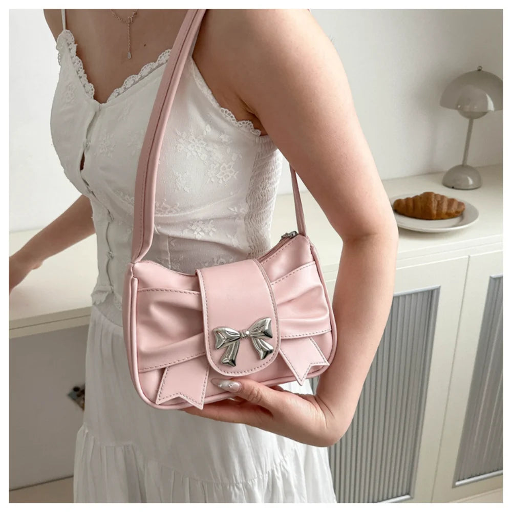 Korean Bow Pleated Shoulder Bag For Women 2024 Spring Summer New Armpit Bag Handbag