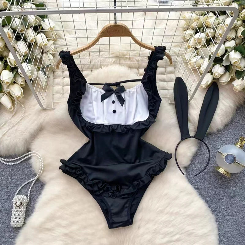 Girls Sexy Cute Japanese JK Uniform Mini Checkered Strap Skirt Off Shoulder High Waist Elastic Cosplay Dress Hot Sweet Pajama