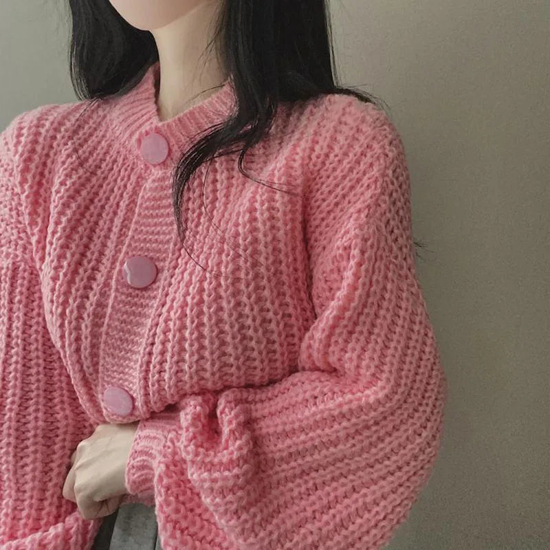 2024 Fall Winter Short Knitted Cardigan Women Thicken Warm Single-Breasted Sweater Female Solid O-Neck Long Sleeve Knitwear Coat