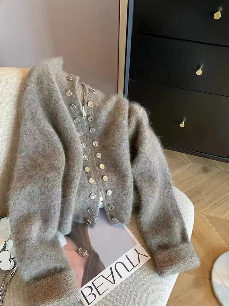 Women's Grey Cardigan Sweater Harajuku Korean Y2k Long Sleeves O-Neck Cashmere Sweaters Jumper Vintage 2000s Clothes Autumn 2024