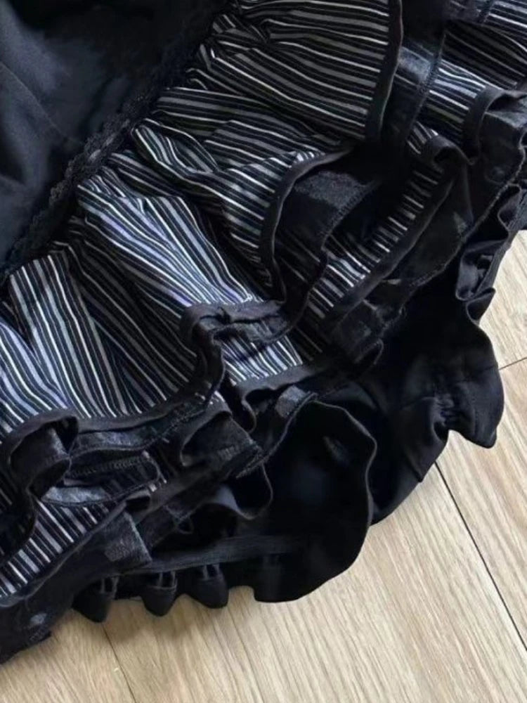 Harajuku Girls Stripe Punk Grunge Skirts Women Y2k Aesthetic High Waist Cake Mini Streetwear Lace Vintage Kawaii Mini Jupe